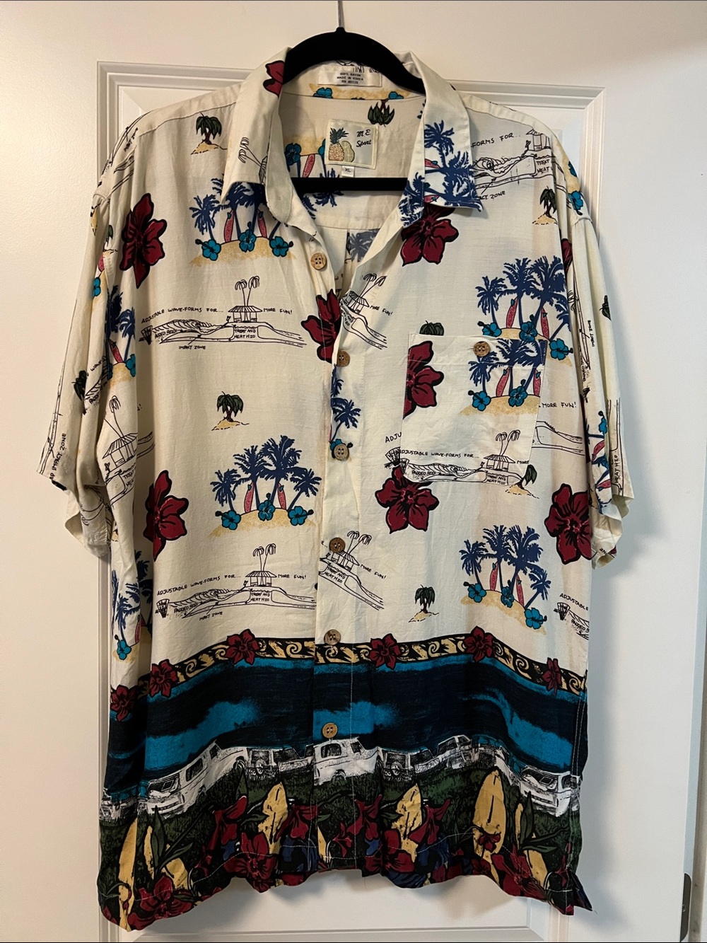Men's Tropical Button-Down Shirt - Cream with Blue & Red Accents